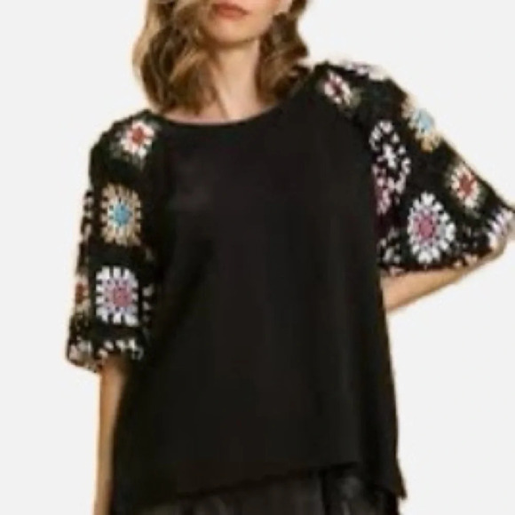 Umgee Granny Square Crochet Balloon Sleeve Linen Blend Top - NEW - Size Small - Picture 1 of 8